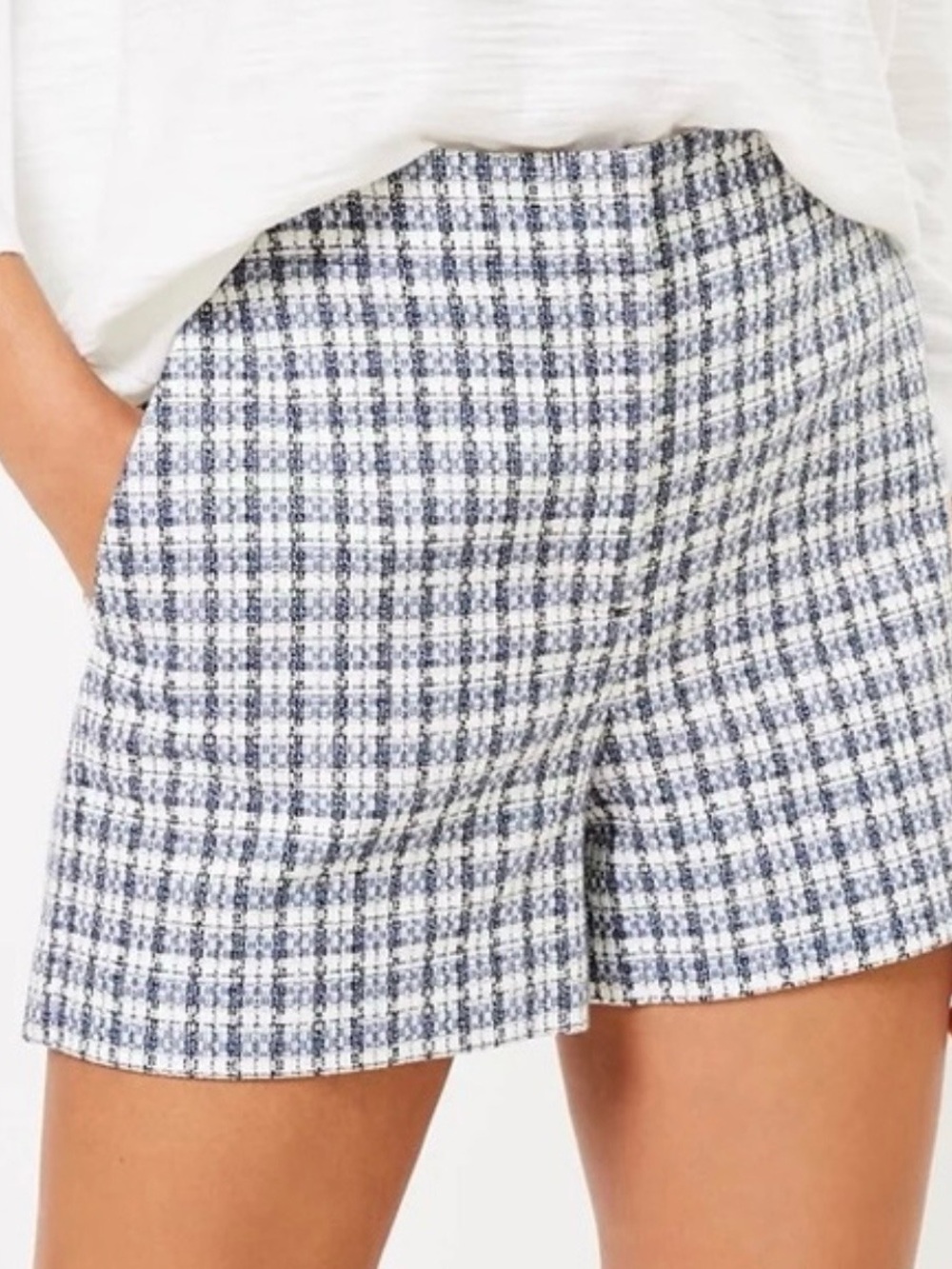 LOFT Blue & White Plaid Tweed Shorts